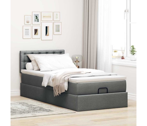 Cama otomana con colchón y LED tela gris oscuro 90x200 cm