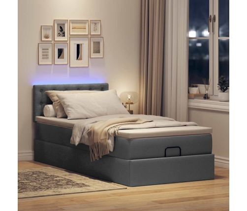 Cama otomana con colchón y LED tela gris oscuro 90x200 cm