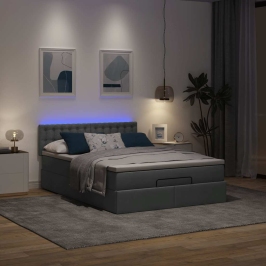 Cama otomana con colchón LED gris oscuro 140x190 cm tela