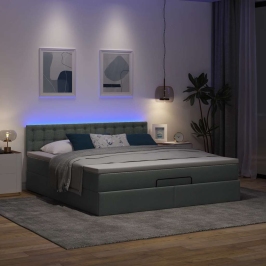 Cama otomana con colchón y LED tela gris oscuro 180x200cm