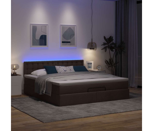 Cama otomana con colchón y LED tela marrón oscuro 180x200cm