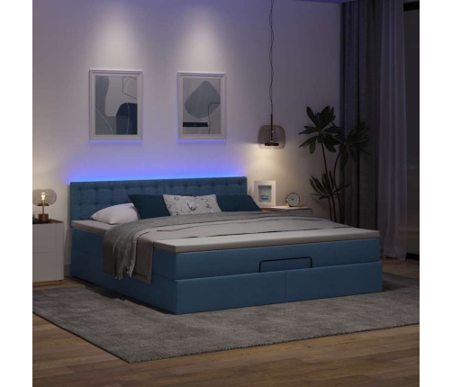 Cama otomana con colchón y luces LED tela azul 180x200cm