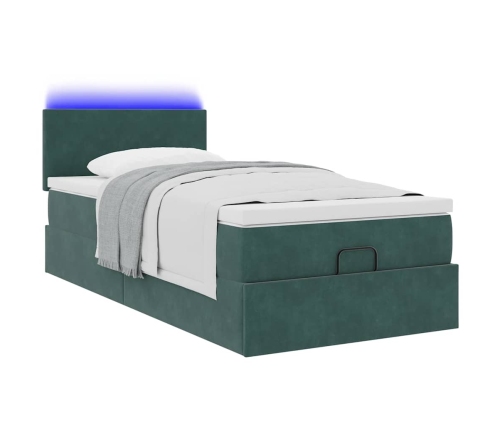 Cama otomana con colchón y LED terciopelo verde oscuro 80x200cm