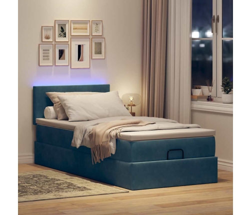 Cama otomana con colchón y LED terciopelo azul oscuro 80x200 cm