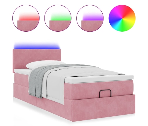 Cama otomana con colchón y LED terciopelo rosa 80x200 cm