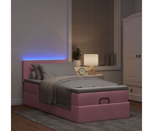 Cama otomana con colchón y LED terciopelo rosa 80x200 cm