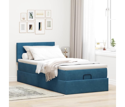 Estructura de cama otomana con colchón terciopelo azul oscuro