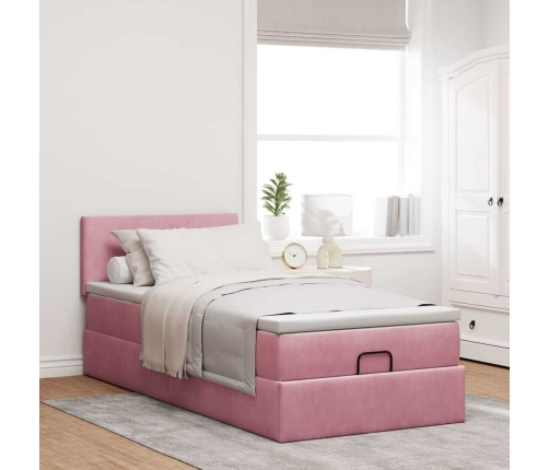 Estructura cama otomana con colchón terciopelo rosa 90x190cm