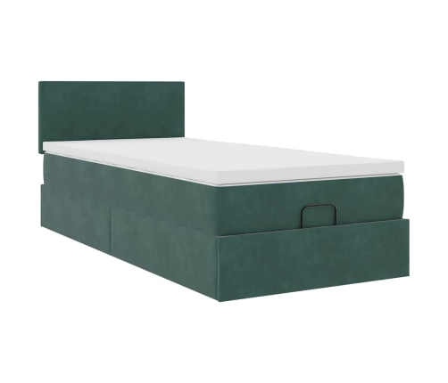 Cama otomana con colchón y LED terciopelo verde oscuro 90x200cm