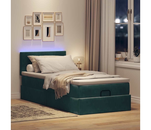 Cama otomana con colchón y LED terciopelo verde oscuro 90x200cm