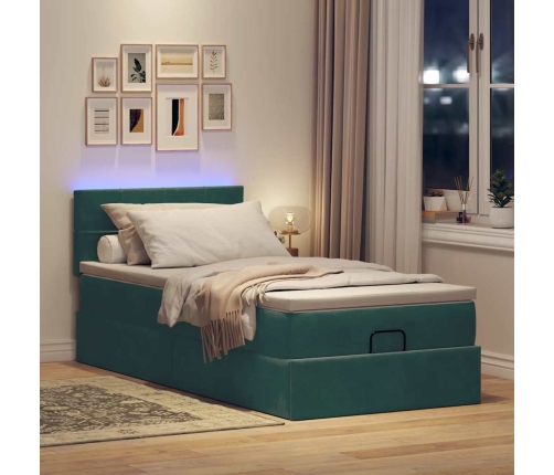 Cama otomana con colchón y LED terciopelo verde oscuro 80x200cm