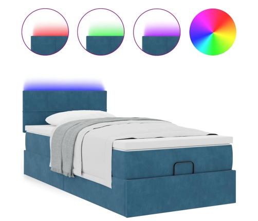 Cama otomana con colchón y LED terciopelo azul oscuro 80x200 cm