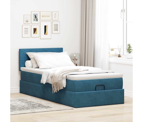 Cama otomana con colchón y LED terciopelo azul oscuro 80x200 cm