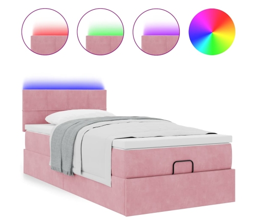 Cama otomana con colchón y LED terciopelo rosa 80x200 cm