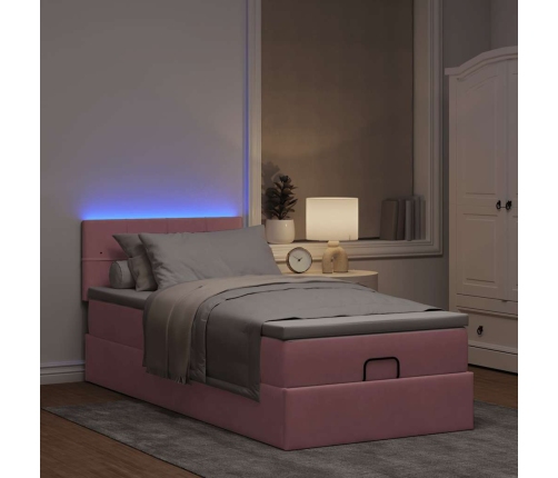 Cama otomana con colchón y LED terciopelo rosa 80x200 cm