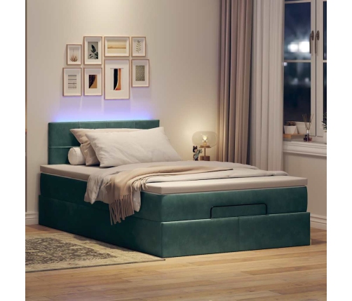 Cama otomana con colchón&LED terciopelo verde oscuro 120x190cm