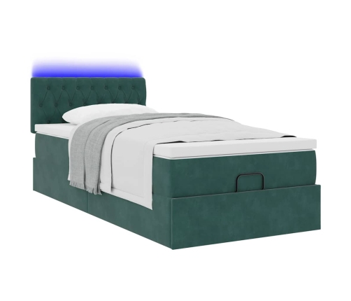 Cama otomana con colchón y LED terciopelo verde oscuro 80x200cm