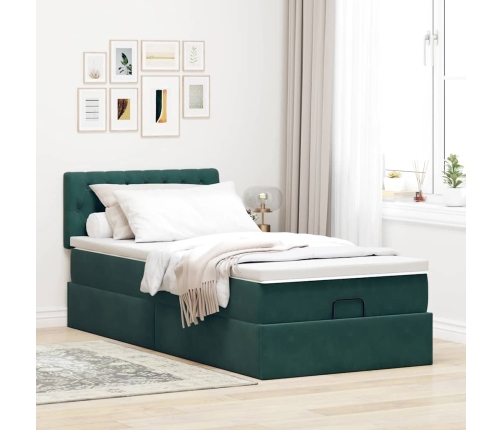 Cama otomana con colchón y LED terciopelo verde oscuro 80x200cm