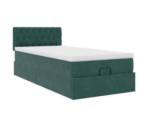 Cama otomana con colchón y LED terciopelo verde oscuro 80x200cm