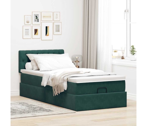 Estructura de cama otomana colchón terciopelo verde oscuro