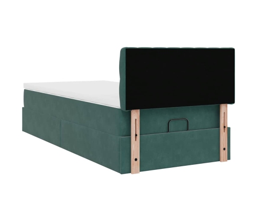 Cama otomana con colchón y LED terciopelo verde oscuro 90x200cm