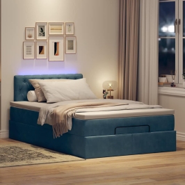 Cama otomana con colchón y LED terciopelo azul oscuro 120x190cm