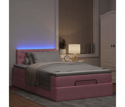 Cama otomana con colchón y LED terciopelo rosa 120x190cm