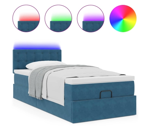 Cama otomana con colchón y LED terciopelo azul oscuro 80x200 cm