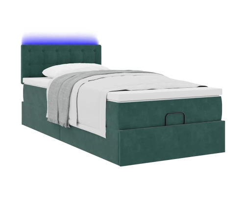 Cama otomana con colchón y LED terciopelo verde oscuro 90x200cm