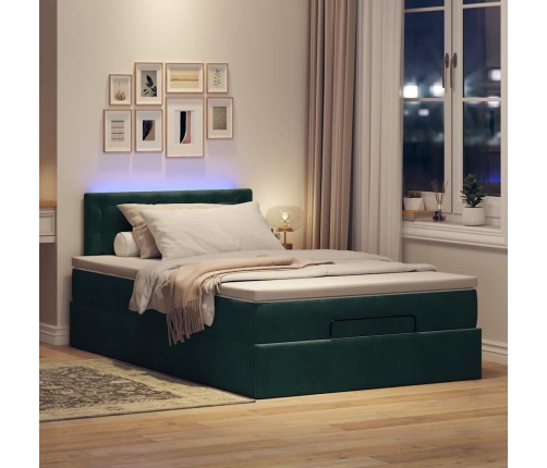 Cama otomana con colchón&LED terciopelo verde oscuro 120x190cm