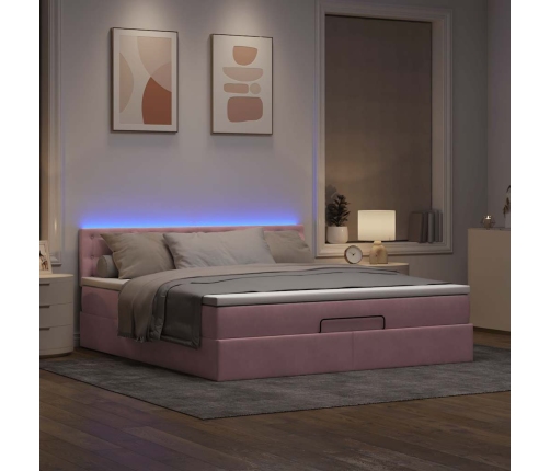 Cama otomana con colchón y LED terciopelo rosa 180x200cm