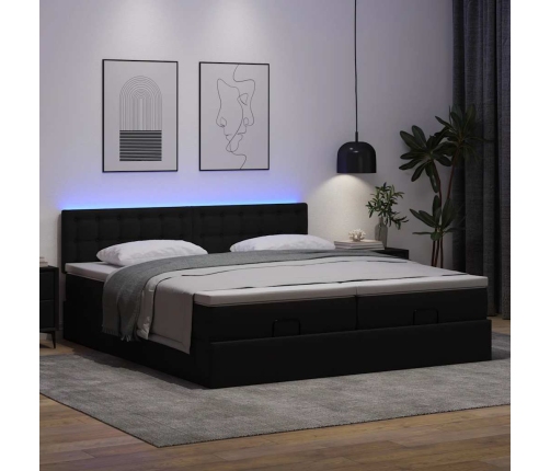 Cama otomana colchón y LED cuero sintético negro 160x200 cm