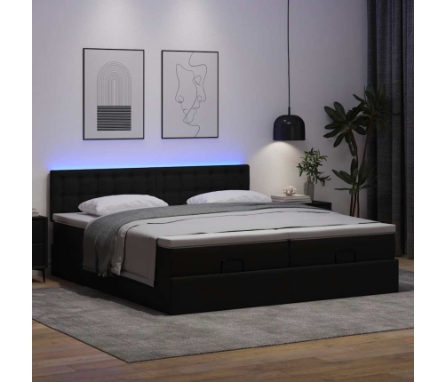 Cama otomana colchón y LED cuero sintético negro 180x200 cm