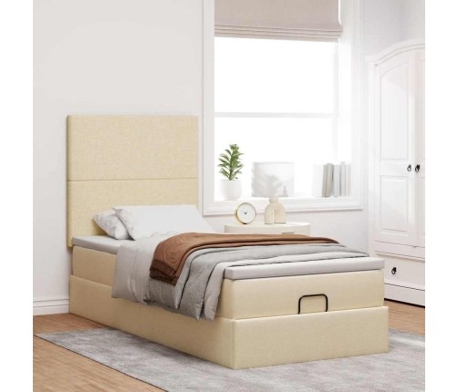 Estructura de cama otomana con colchón tela crema 90x190cm