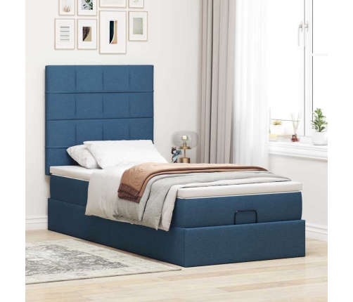 Estructura de cama otomana con colchón tela azul 90x190 cm