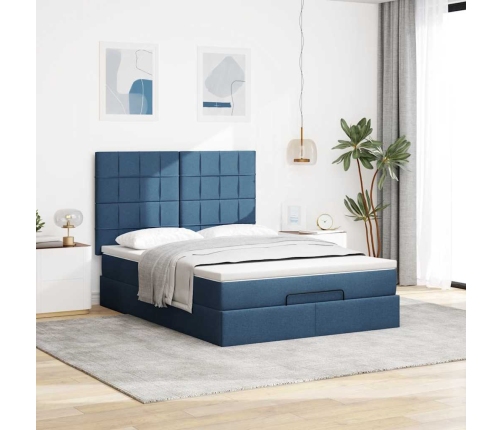 Estructura de cama otomana con colchón tela azul 140x190cm