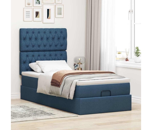 Estructura de cama otomana con colchón tela azul 90x190 cm
