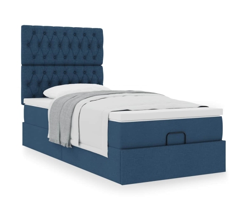 Estructura de cama otomana con colchón tela azul 90x190 cm