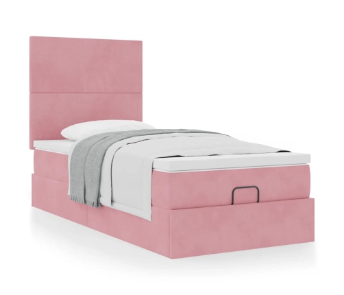 Estructura cama otomana con colchones terciopelo rosa 90x190cm