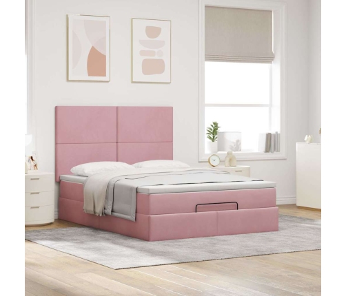 Estructura cama otomana con colchones terciopelo rosa 140x190cm