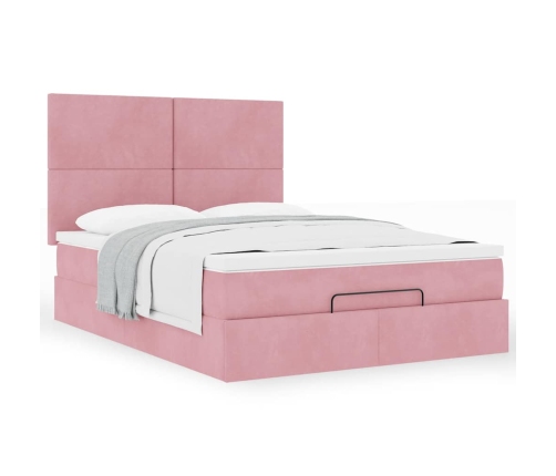 Estructura cama otomana con colchones terciopelo rosa 140x190cm