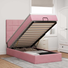 Estructura cama otomana con colchones terciopelo rosa 90x190cm