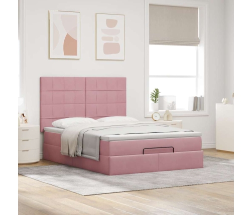 Estructura cama otomana con colchones terciopelo rosa 140x190cm