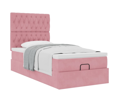 Estructura cama otomana con colchones terciopelo rosa 90x190cm