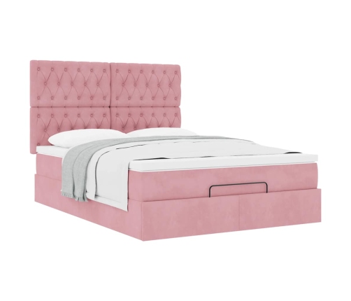 Estructura cama otomana con colchones terciopelo rosa 140x190cm