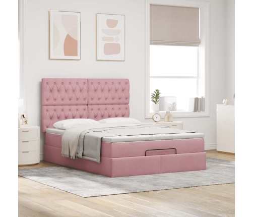 Estructura cama otomana con colchones terciopelo rosa 140x190cm