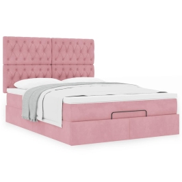 Estructura cama otomana con colchones terciopelo rosa 140x190cm