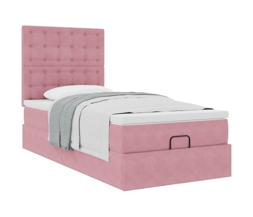 Estructura cama otomana con colchones terciopelo rosa 90x190cm