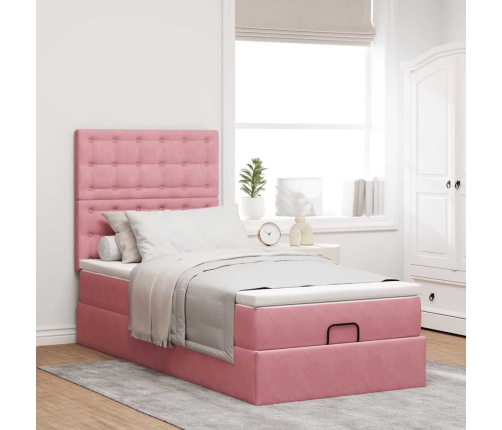 Estructura cama otomana con colchones terciopelo rosa 90x190cm