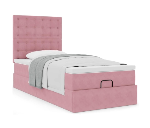 Estructura cama otomana con colchones terciopelo rosa 90x190cm